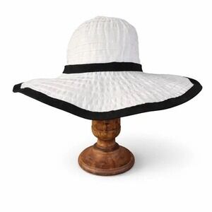 Kallina Sun Hat White Black Trim UPF 50+ Wide Brim Bow Packable Resort Beachwear